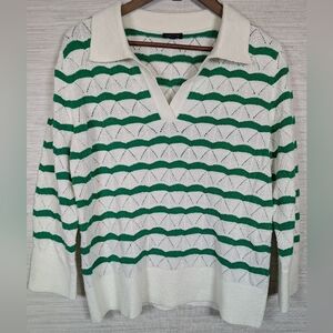 Talbots Johnny Collar Green and Cream Striped Women's Sweater Large 3/4 Sleeve